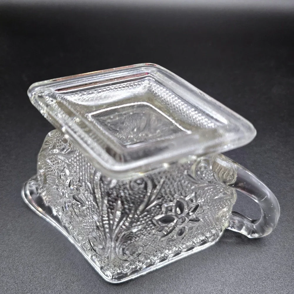 Vintage Clear Pressed Glass‎ Creamer and Sugar Bowl Set Floral Diamond Pattern